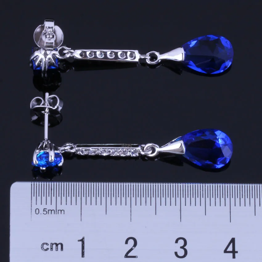 Valuable Water Drop Blue Cubic Zirconia White CZ Silver Plated Drop Dangle Earrings V1029