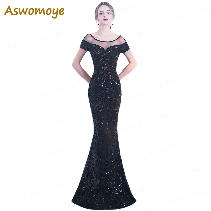 

Aswomoye 2018 New Stylish Elegant Long Evening Dress Sexy Backless Party Dress Crystal Illusion O-Neck Prom Dress robe de soiree