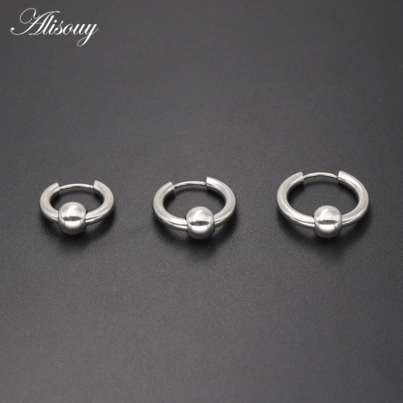 Alisouy 2pcs Hot Men Women Round Circle Pendientes Black Gold Color Stainless Steel Balls Loop Handles Hoop Huggie Earrings