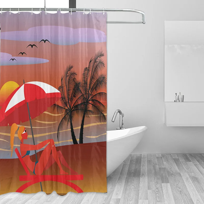 Hawaii Polyester Waterproof Shower Curtains Bathroom Accessory Sale Room Decor Beach Bath Screens With Plastic Hooks