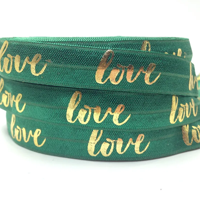 16MM Gold Silver Foil LOVE Print Fold Over Elastic 10Y FOE Satin Ribbon for DIY Headwear Bracelet Hair Accessory Wholesale