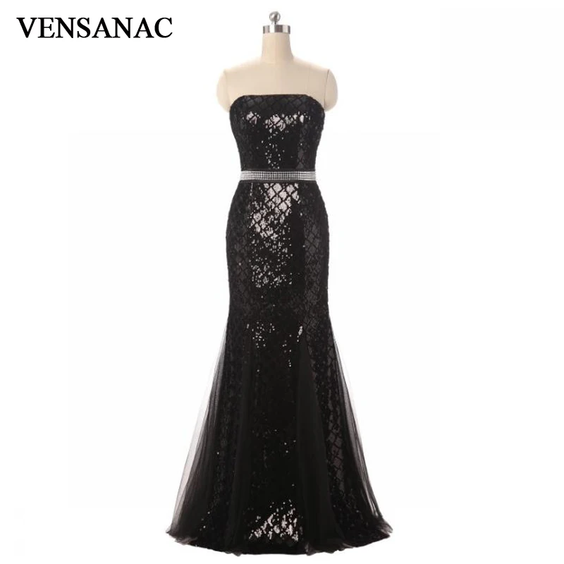 

VENSANAC Strapless Crystals Sash Long Mermaid Evening Dresses Lace Sequined Off The Shoulder Party Prom Gowns