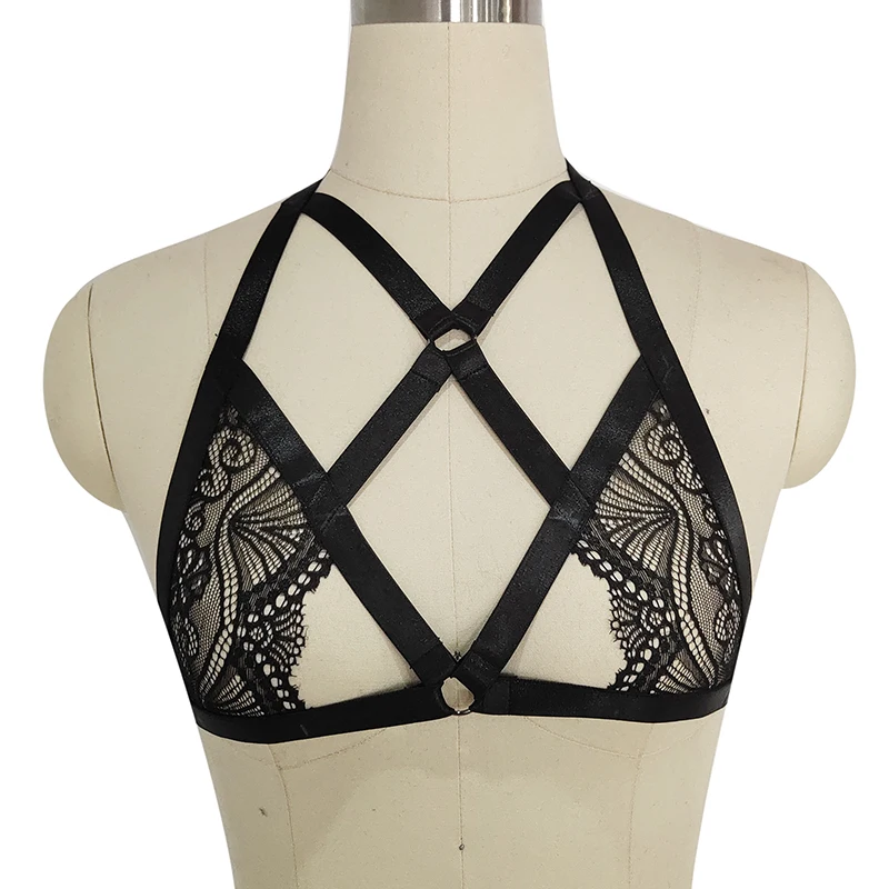 

Womens Black Lace Body Harness Straps Lingerie Goth Fetish Harajuku Bondage Erotic Full Pole Dance Halloween Tops Harness bra