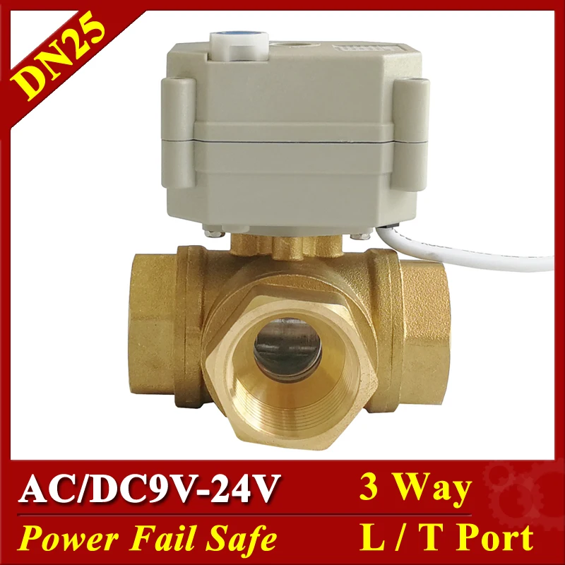 

BSP/NPT 1" DN25 Power Off Return Motorized Valves AC/DC9-24V Brass 3 Way Horizontal T/L Type 2/5 Wires Power Fail Safe Valves