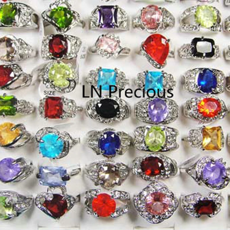 

10Pcs Classic Silver Plated Rhinestone Zirconia Rings For Women Party Fashion Whole Bulk Jewelry Mixed Lots LR111 Free Shipping