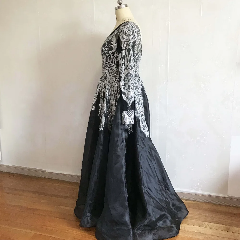 2018 Cổ Điển Vestidos De Fiesta V Cổ Appliqued Màu Đen và Bạc Long Lanh Ren Dài Tay Áo Evening Dresses