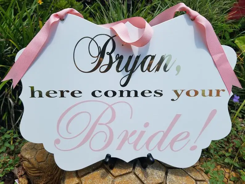Personalized wedding sign Rustic Wedding Signs Here comes your Bride, Ring bearer Flower girl sign, Wedding decor Photo Props image 5