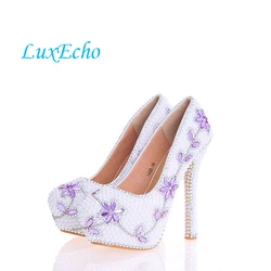 LuxEcho Women white pearl Lavender stone wedding shoes Bride fashion shoes woman High heels Platform shoes real leather insole