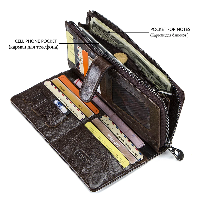 Contact\'s Brand Designer 100% Genuine Cow Leather Clutch Wallets Purse Card Holder Vintage Wallet Men with Coin Purse Pocket