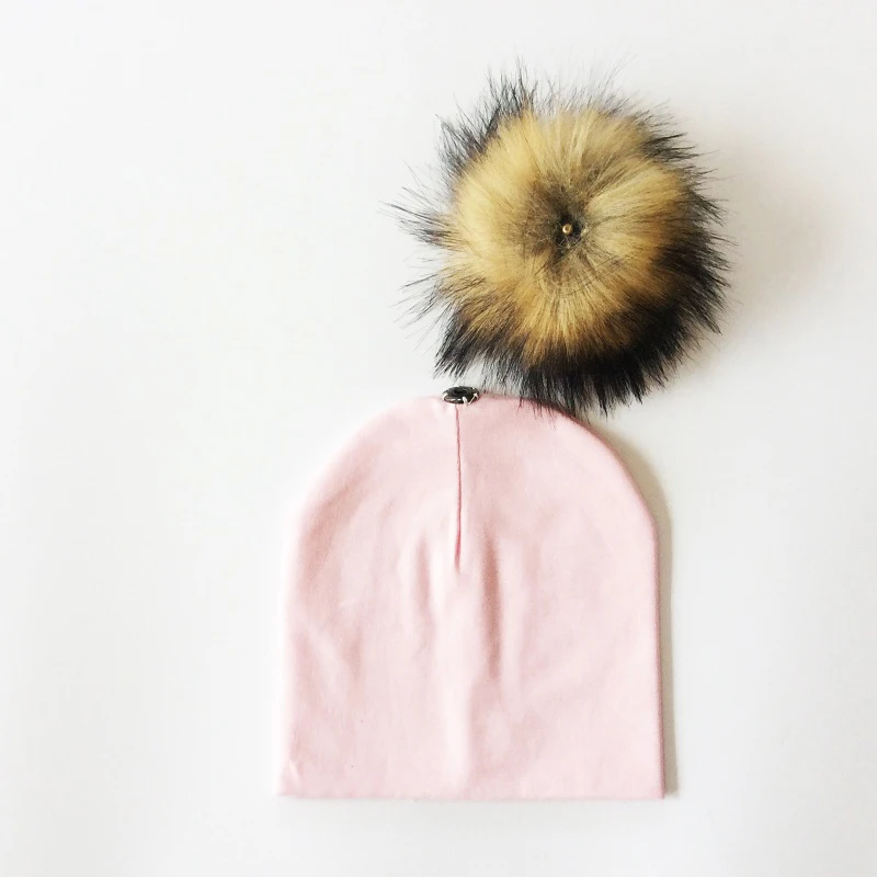 Autumn Winter Boy Girl Faux Raccoon Fur Cotton Kids Caps Baby Beanie Hats With Pompon Children\'s Accessories