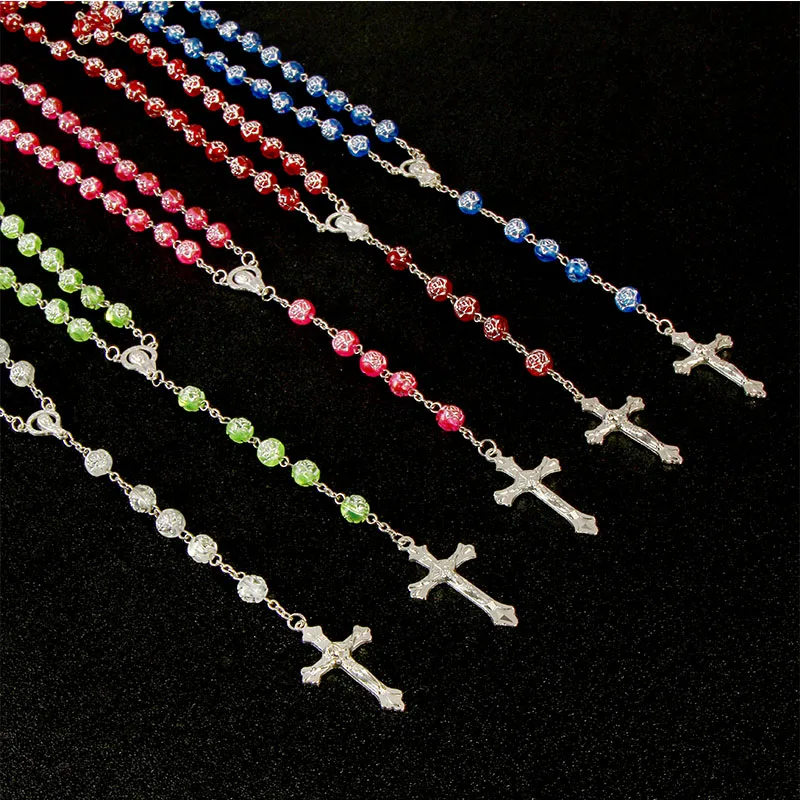 8mm Plastic Rose Bead Cross Necklace Rose Bead Handmade Necklace Cross, Prayer by Jewelry Center Catholic Religious Jewelry