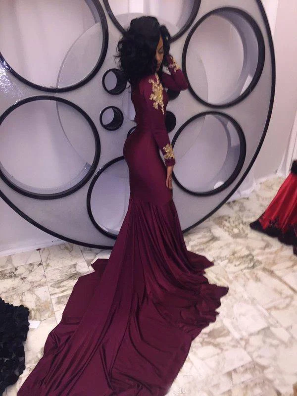 2019 Fashion Women Wine Red Prom Dress Sexy South African Gold Appliques Burgundy Long Formal Evening Party Gown Custom Made image 4