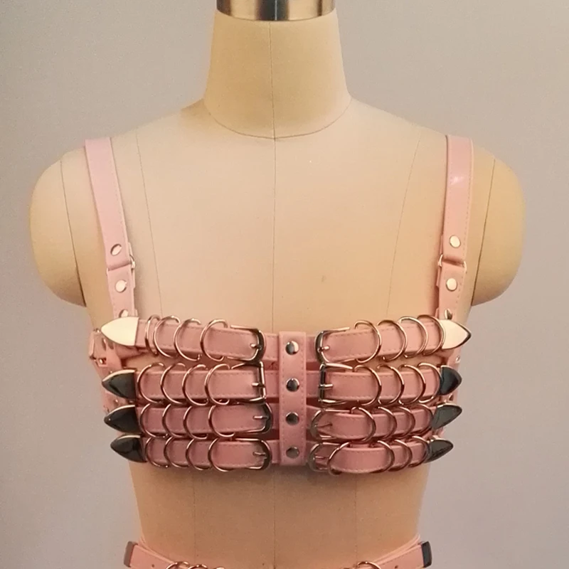 100% Handmade Punk Gothic PU Leather Bra Top Heavy Duty 4 Row Body Waist Belt Waist Cincher Suspender