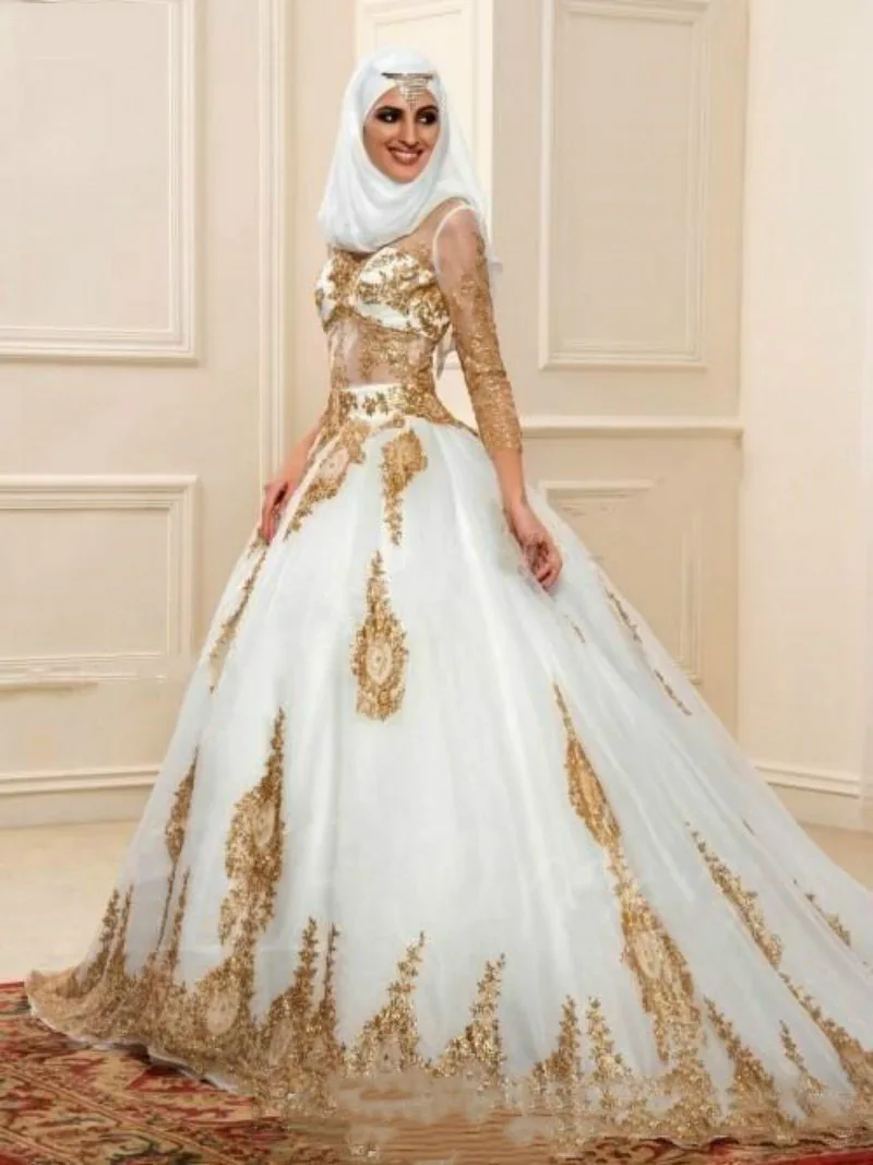 JIERUIZE White And Gold Lace Appliques Muslim Wedding Dresses O-neck 3/4 Sleeves Ball Gown Bridal Gowns