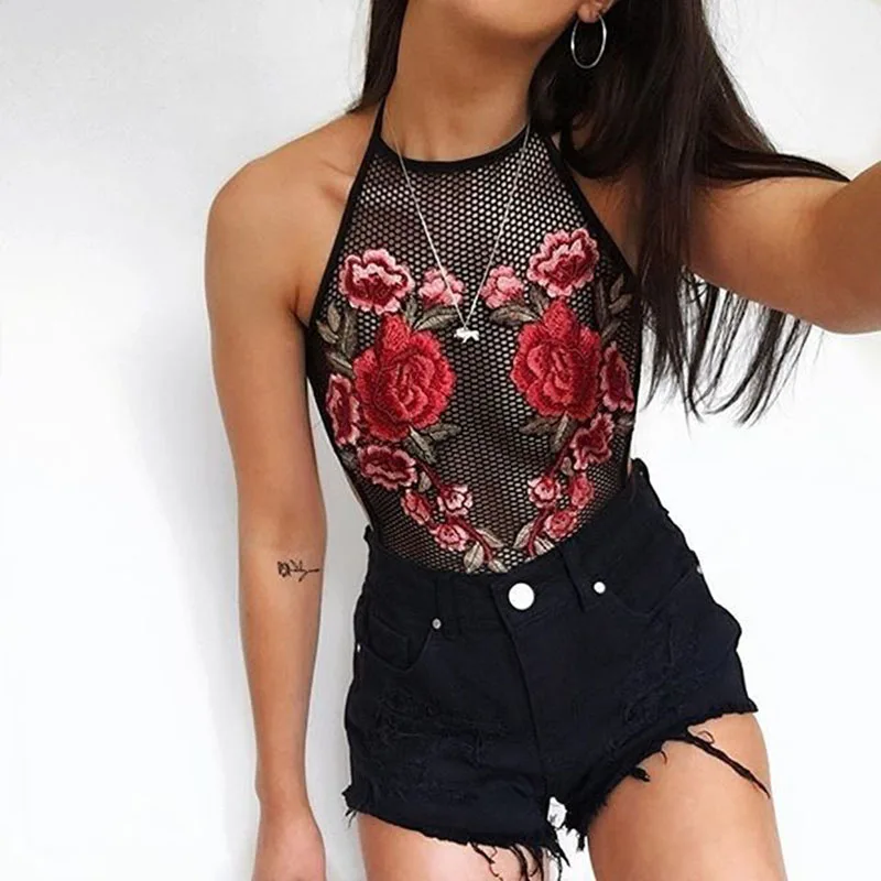 Sexy Womens Transparent Floral Bodysuit Lady Halterneck Hollow Jumpsuit Playsuit