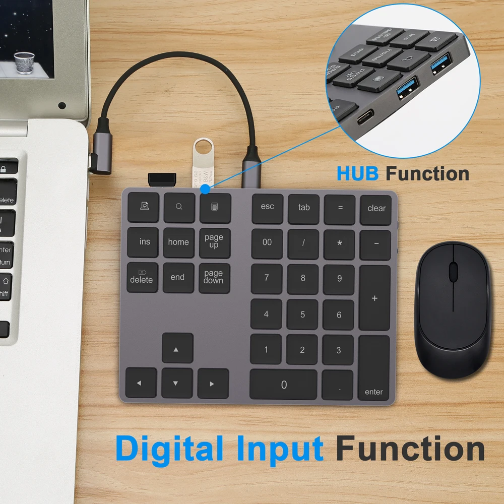 AVATTO Aluminum Alloy Bluetooth Wireless Numeric Keypad with USB HUB Digital Input Function for Windows,Mac OS,Android laptop PC