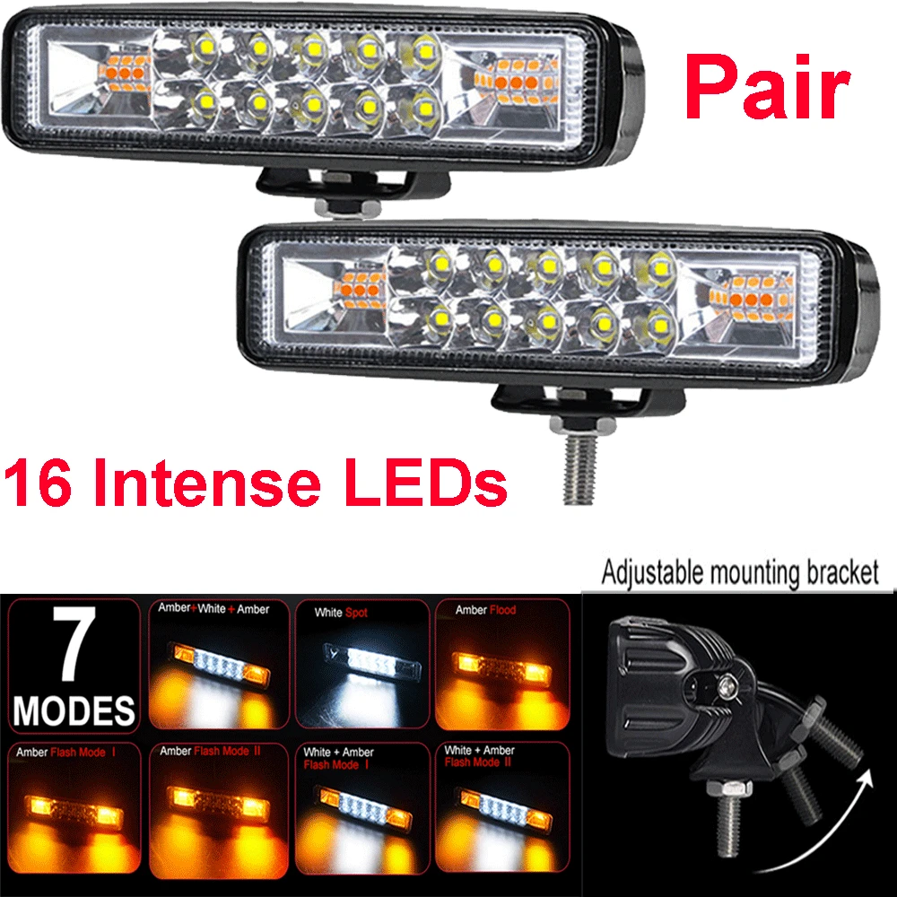 

1 Pair 6 inch 48W 4800lm White Spot Beam+Amber Flood Beam LED Strobe Work Light