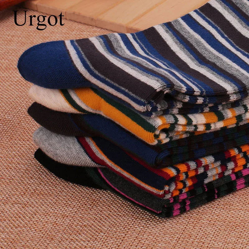 Urgot 5 Pairs Men\'s Socks Big Large Size 46,47,48 Autumn Winter Thick Odor-proof Male Socks Casual Stripe Middle Long Tube Socks