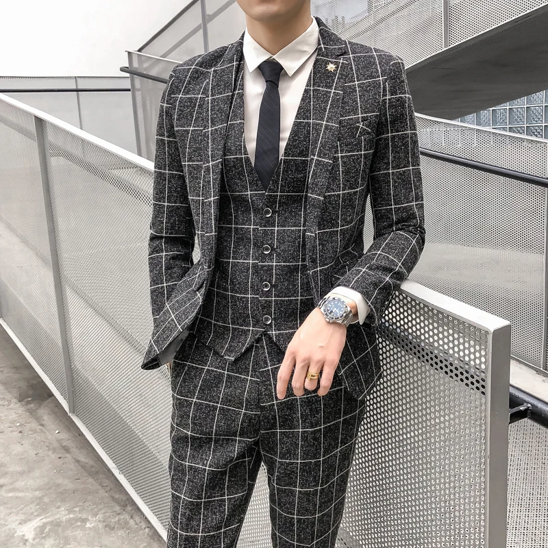 ( Jacket + Vest + Pants ) Men\'s Fashion Boutique Plaid Formal Business Suit Slim Plaid Wedding Mens Suit Beige Gray Black Blue