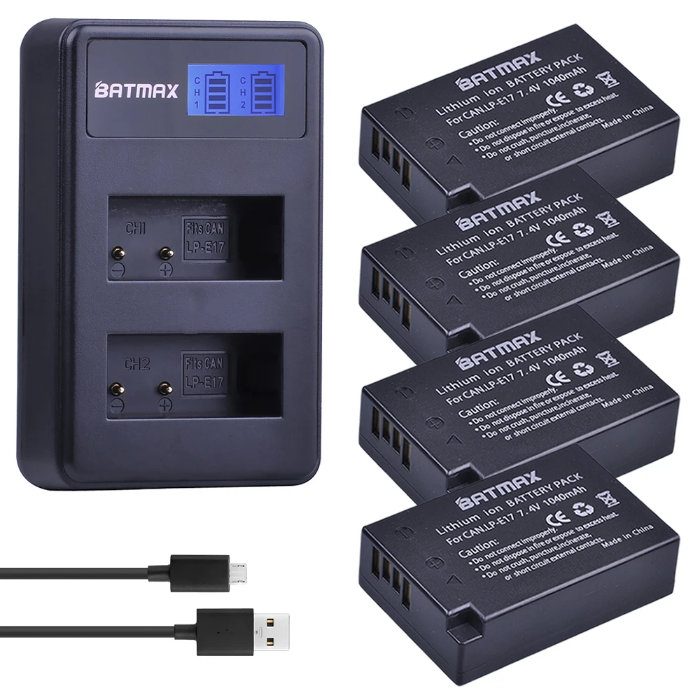 4 Uds LPE17 LP E17 LP-E17 batería + LCD USB cargador Dual para cámaras Canon EOS 200D M3 M6 750D 760D T6i T6s 800D 8000D Kiss X8i