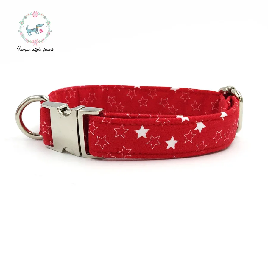 Dog Or Cat Collar And Leash Set With Bow Tie Cotton Dog &Cat Pet Necklace Adjustable Buckle For Pet Christmas Gift Red Star