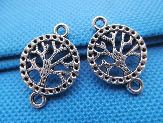 

100pcs Antique Silver tone/Antique Bronze Hollow Filigree Lucky Wish Tree of Life Round Connector Pendant Charm,DIY Accessory