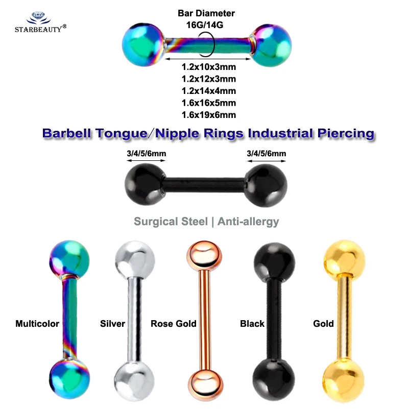 Starbeauty 2Pcs Sexy Barbell Tongue Piercing Industrial Piercing Ball Tongue Ring Eyebrow Nipple Ring Helix Cartilage Earrings