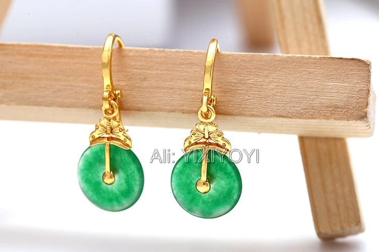 Beautiful Green Jade Round Beads Dangle Lucky Gold Plated Earrings Woman's Charm Hoop Earring Ear Jewelry Girl's Gift