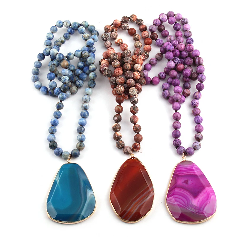 New Fashion Bohemian Tribal Jewelry Natural Stone Knotted Necklaces Facet Irregular Drop Pendant Women Ethnic Necklace