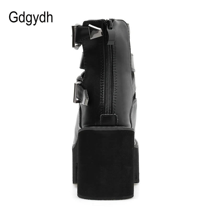 Gdgydh Open Toe Summer Boots Shoes Women Platform Shoes Ankle Buckle Strap Black Leather Female Footwear Chunky Heels Gothic