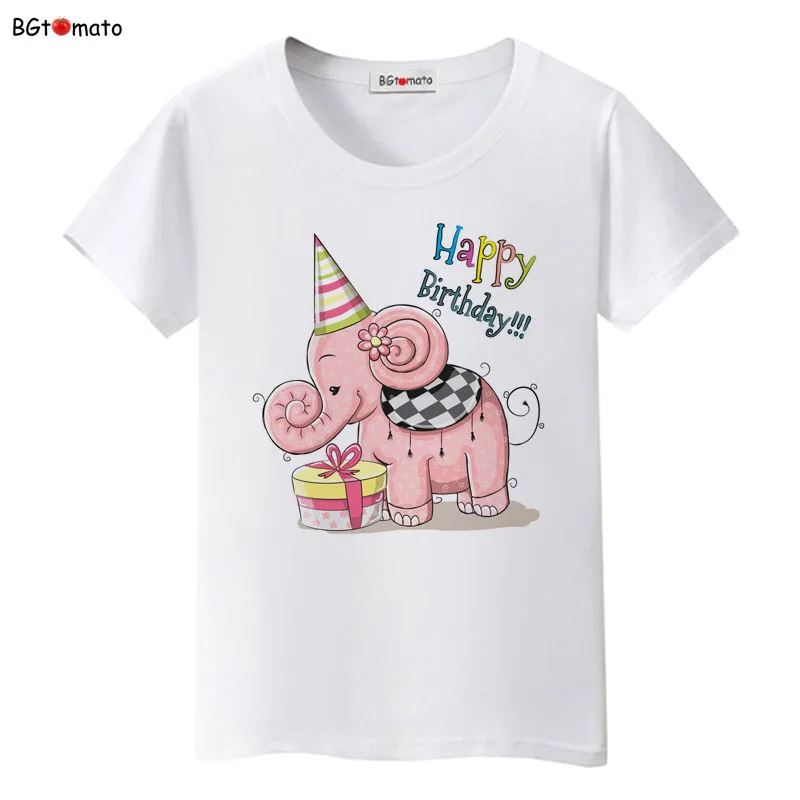 

Happy Birthday elephant printing t shirts lovely cartoon shirt for women 100% good quality brand casual tops