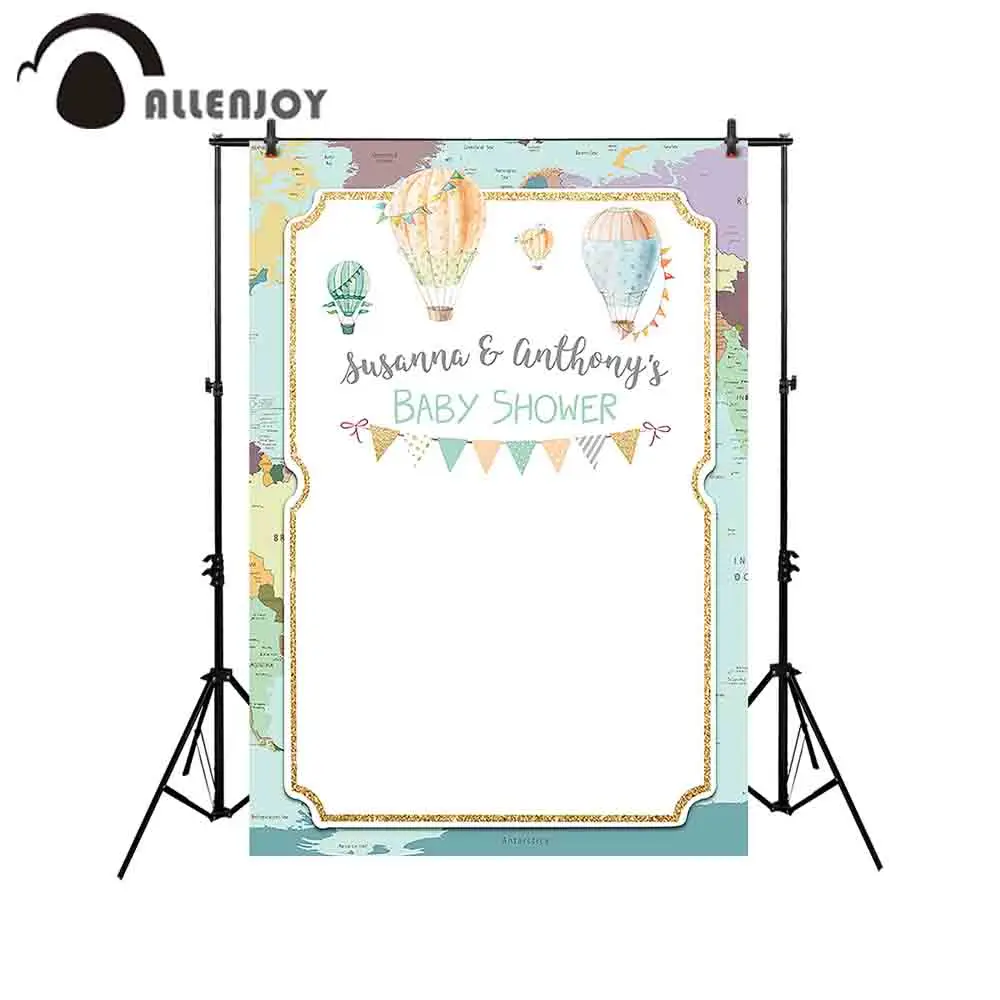 

Allenjoy backgrounds for photo studio bunting light blue gold frame hot air balloon Custom name baby shower photography backdrop