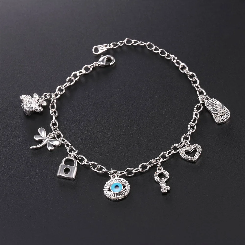 U7 Charm Bracelet Cute Bear Heart Key Evil Eye Slippers Dragonfly Trendy Silver Color White Rhinestone Bracelet For Women QC24