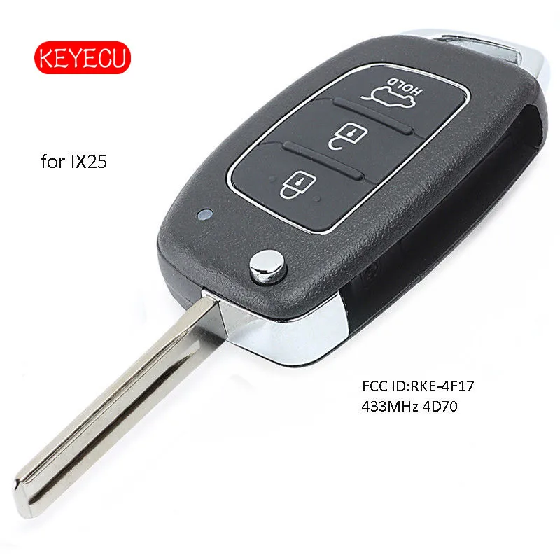 

Keyecu 3 Buttons 433MHz ID70 Chip Flip Remote Key Fob for Hyundai IX25 2014 2015 2016 P/N: RKE-4F17