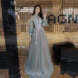 It's YiiYa Evening Dress Special Appliques Illusion Flowers Formal Dresses Back Lace Up Bow Lantern Sleeve Long Party Gown E084