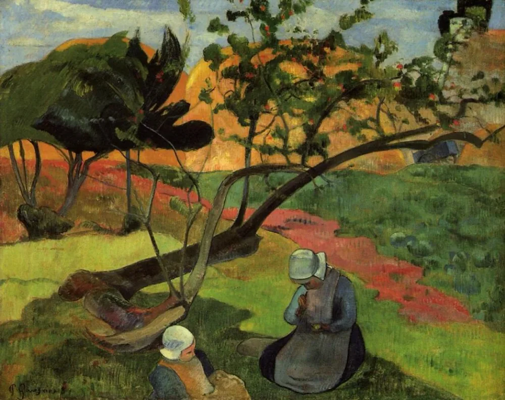 

High quality Oil painting Canvas Reproductions Landscape with two breton women (1889) by Paul Gauguin hand painted