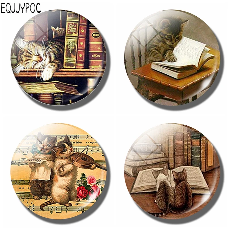 Cute Cat with Books Refrigerator Magnet Kitten  Glass Dome Fridge Memo  Magnetic Stickers  Home Decor  Kitchen Accessories  30MM