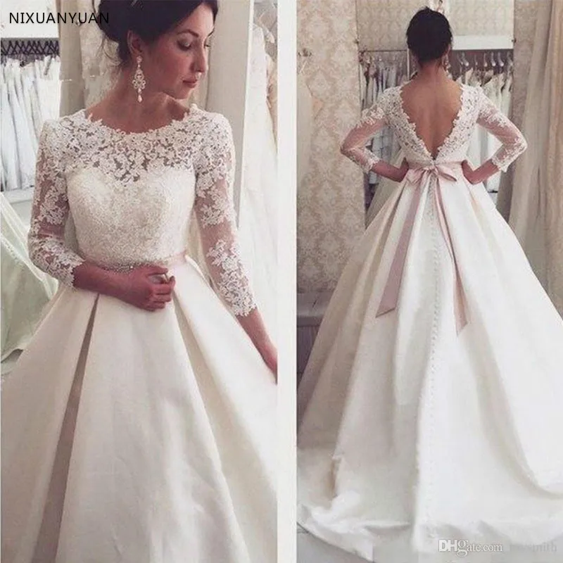 

White Lace Appliques Backless Wedding Dresses 3/4 Sleeves Elegant Simple Bridal Dresses Open Back Cheap Wedding Gowns