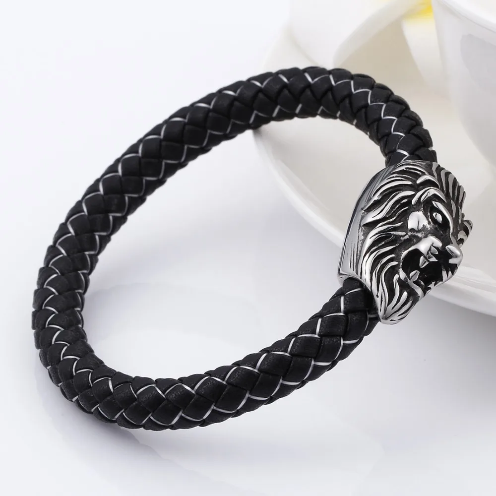 8mmHigh Quality Stainless Steel Silver Color Lion Clasp White Black Genuine Braided Leather Wristband Men Unisex Bracelet Bangle