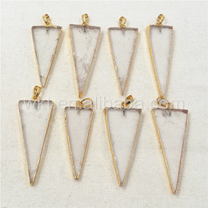 WT-P898Natural Crystal Long Triangle Pendant Popular Stone Triangle Stone with Gold Strim fashion Pendant High quality 20*45mm