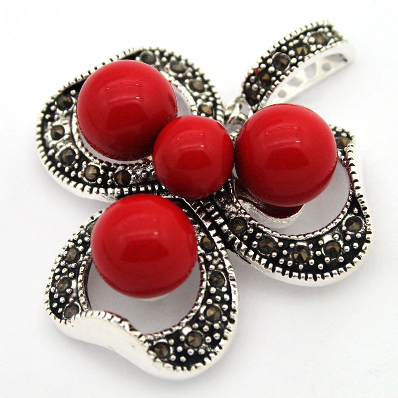 

vintage 925 red coral bead marcasite pendant 47x37MM