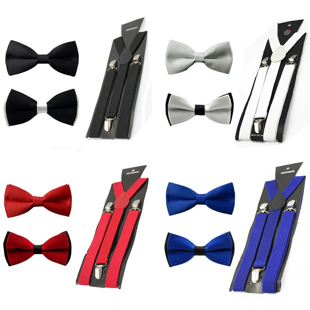 

Men Solid Pre-tied Bowtie Bow Tie Elastic Y-Back Suspender Clip On Brace Set BWSET0305