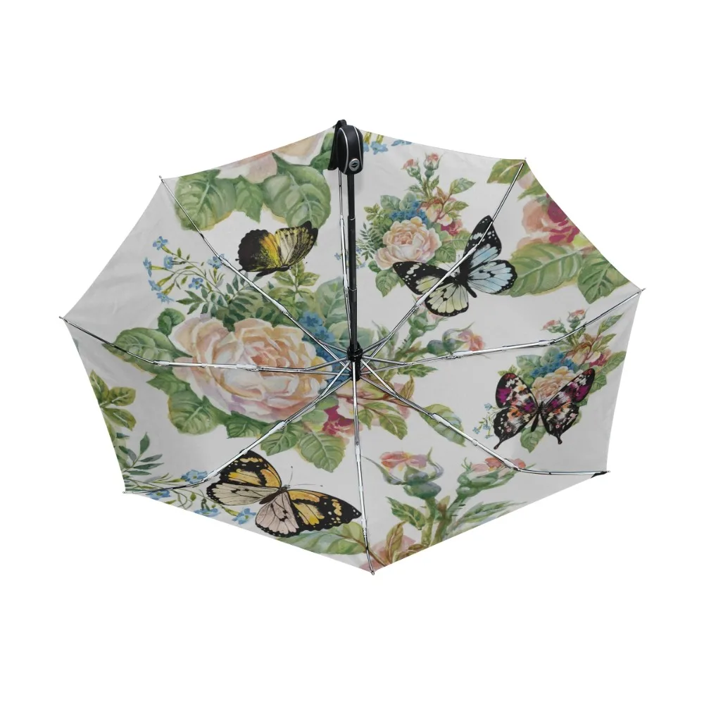 Full Automatic Butterfly Umbrella Three Folding Flower Umbrellas Women Kids Parasol Umbrella Rain Gear Rain Guarda Chuva Paragua