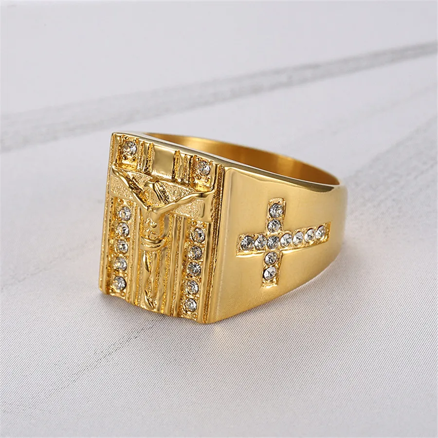 Men's Ring Gold Color Stainless Steel Jesus Cross High Quality Micro Pave CZ Rings For Men Women Religious Christian Jewelry