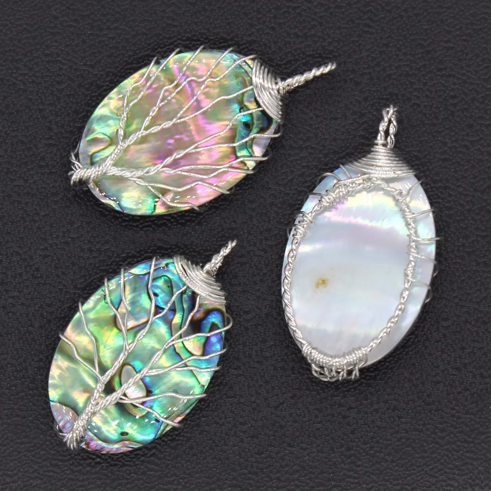 100-Unique 1 Pcs Ethnic Silver Plated Wire Wrap Oval Shape Abalone Shell Pendant Statement Jewelry