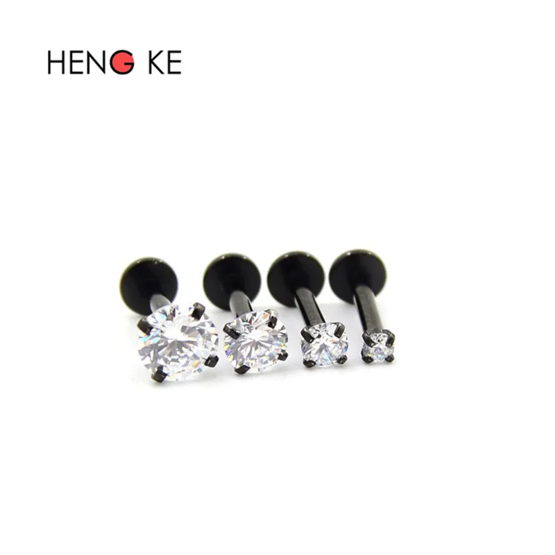 Crystal Lip Stud CZ Zircon Gem Clear Round Black 316L Stainless Steel 16G Daith Cartilage Helix Piercing Ear Stud Earrings