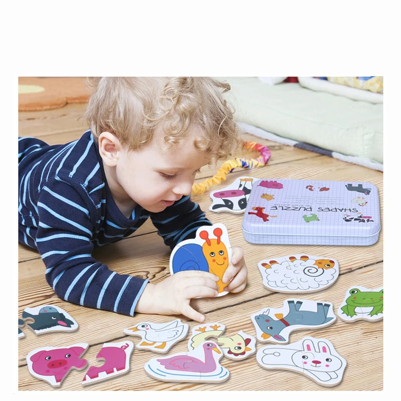 New Arrival Kids Wooden Iron Box Cards Matching Game Cartoon Cognition 6 in 1 Baby Toys Infant Early Training Puzzle