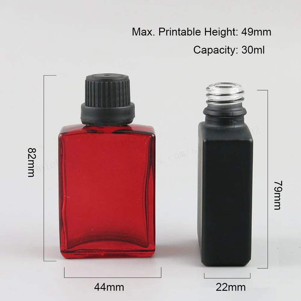 200 x 30ml 1oz Flat Square Black white clear red blue green Glass Bottle With Silver Black Aluminium lids and Seal