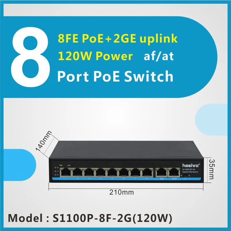 8 port Fast Switch  PoE switch support VLAN  250M  PoE Network for IP Camera 10/100Mbps Network 2 gigabit uplink