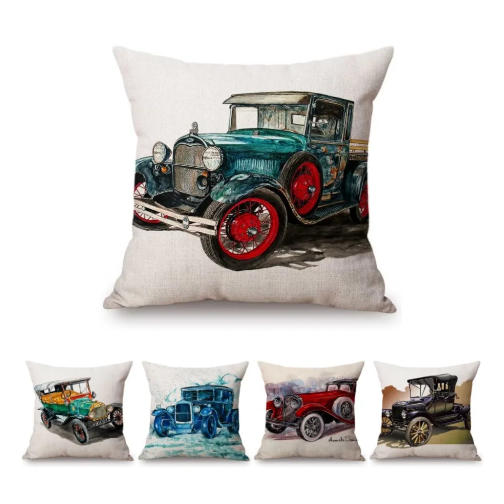 Hand Sketches Vintage Car Home Decorative Sofa Throw Pillowcase Cotton Linen Antique Store Coffee Store Decoration Cushion Cover